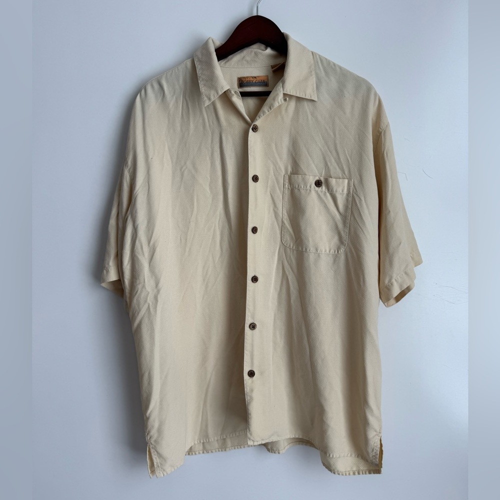 Bobby Chan Butter Yellow 100% Silk Wooden Button‎ Down Hawaiian Shirt Men Large